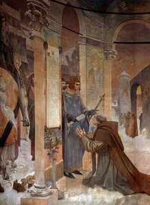 König Ludwig IX. (Saint Louis) (1214-1270) überreicht die Gründungsurkunde des College von Sorbonne an Robert de Sorbon (1201-1274) seinen Beichtvater im Jahr 1257. Gemälde von Theobald Chartran (1849-1907) Paris, La Sorbonne