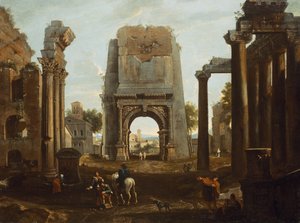 Ein Capriccio römischer Ruinen mit dem Titusbogen und Figuren von Theodor (circle of) Helmbreker