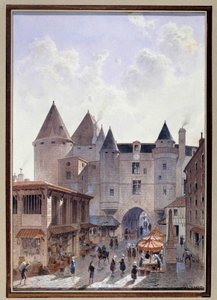 Ansicht des Grand Chatelet von der Rue Saint Denis in Paris Aquarell von Theodor Joseph von Theodor Josef Hubert Hoffbauer