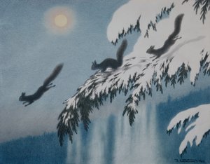 Winterabend - Eichhörnchen im Flug