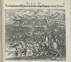 Schlacht zwischen den Spaniern und den Indianern vor den Toren von Cuzco, 1596 von Theodor de Bry