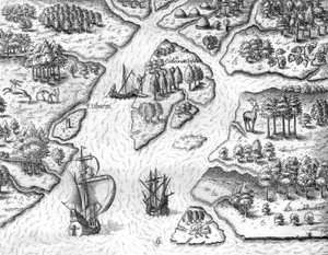 Jean Ribault errichtet eine Säule mit den Wappen des Königs von Frankreich in Charlesfort von Theodor de Bry