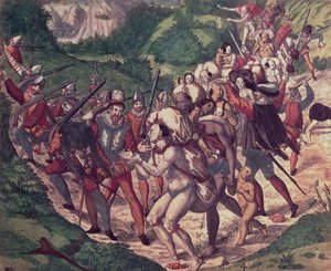 Die Grausamkeit von Petrus de Calyce: Indische Sklaven in Peru von spanischen Soldaten misshandelt von Theodor de Bry