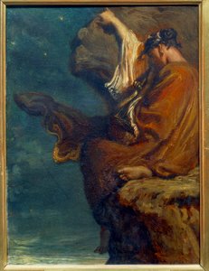 Sapho - Die griechische Dichterin Sapho (um 600 v. Chr.) sitzt auf einem Felsen und blickt melancholisch aufs Meer