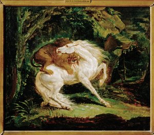 Pferd von einem Löwen angegriffen, nach einer Radierung von Laurie und einem Gemälde von George Stubbs von Theodore Gericault