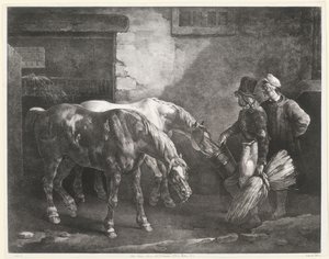 Deux chevaux de poste à la porte d