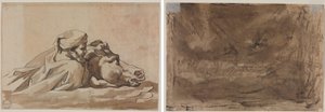 Mann, der ein Pferd im Wasser hält, nach Poussins Sintflut (recto); Kompositionsstudie (möglicherweise für Poussins Sintflut) (verso), ca. 1816 von Theodore Gericault