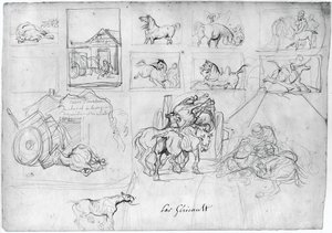 Studie von Pferden (recto); Ein Wagen gefolgt von einem Schildträger (verso) von Theodore Gericault