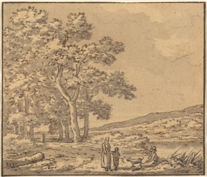Eine Landschaft mit drei Figuren und einem Hund