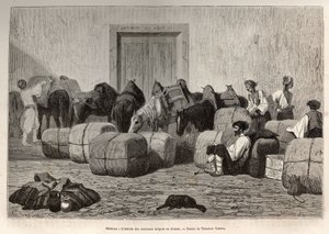 Wenn türkische Karawanen am Zoll von Sebenico (Serbien) ankommen, entladen die Handelsreisenden die Ballen vom Rücken ihrer Kamele, um die Menge und Art der Waren zu überprüfen. Gravur nach der Zeichnung von Theodore Valerio, zur Illustration einer Geschic von Theodore Valerio