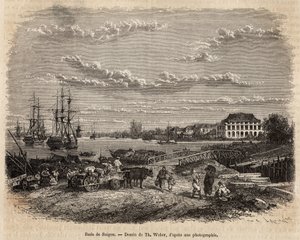 Der Hafen von Saigon, Gravur nach einer Zeichnung von T. Weber, die die Reise nach Cochinchina, von Doktor Morice, im Jahr 1872 illustriert, veröffentlicht in „Le tour du monde“ 1875, herausgegeben von Edouard Charton, Hachette Edition, Paris. Selva Sammlu