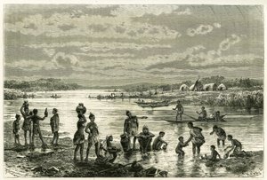 Leben am Ufer des Sambesi-Flusses, die Marutses legen großen Wert auf Sauberkeit und Waschen ist für sie eine Notwendigkeit. Gravur von Th. Weber zur Illustration der Geschichte „Au pays des Marutses“ in den Jahren 1875-1879 von Dr. Emile Holub