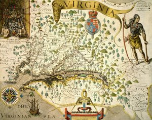 Karte von Virginia mit einem Bild von Häuptling Powhatan von John Smith, 1624