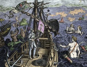 Allegorie der Reisen von Christoph Kolumbus (1451-1506), Gravur aus „Historia Americae sive Novi Orbis“ von Theodor de Bry (1527-1598), Amsterdam 1594