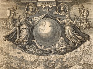 Allegorie der Westindischen Inseln oder Amerikas, mit Porträts der Seefahrer Christoph Kolumbus und Amerigo Vespucci