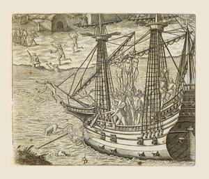 Bartolomeo Diaz hängt einige Indianer an einer Karavelle auf, Stich von Theodor de Bry (1528-1598) aus Americae pars quarta, sive, Insignis et admiranda historia de reperta primum Occidentali India Christophoro Columbo, von Girolamo Benzoni