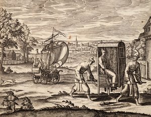 Chinesische Sänfte, Ostindien, Stich nach einem Werk von Theodor de Bry, China