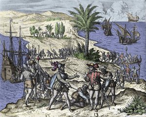 Christoph Kolumbus und sein Bruder wurden 1500 von Francisco de Bobadilla verhaftet. Gravur von Théodore de Bry (1528-1598)