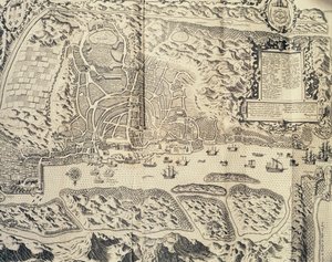 Stadt Goa in Indien, Kupferstich von Theodor de Bry aus dem Reisebericht der Reise des Seemanns Jan Huyghen van Linschoten nach Portugiesisch-Ostindien 1579-1592, 16. Jahrhundert von Theodore de Bry