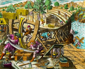Bau eines Bootes für den spanischen Navigator Vasco Nunez de Balboa (1475-1517). Gravur aus Geschichte der Amerikas von Theodore de Bry (1528-1598) 16. Jahrhundert. Privatsammlung von Theodore de Bry