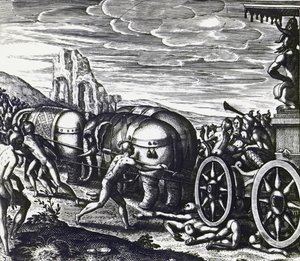 Gläubige werden während der Prozession des Idols von einem Wagen zerquetscht, von Theodor de Bry, Stich von Theodore de Bry