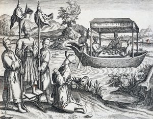 Straße der Würdenträger, aus der Reise von Jan Huyghen van Linschoten (1583-1592), Gravur aus India Orientalis von Theodor de Bry, China