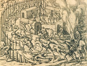 Europäische Eroberer greifen ein Indianerdorf an, Illustration aus der amerikanischen Geschichte von Theodore de Bry von Theodore de Bry