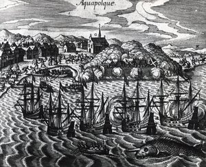 Flotte von Galeonen im Hafen von Acapulco, von Theodor de Bry, Stich von Theodore de Bry