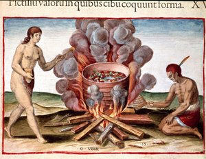 Indianer kochen Fisch. Gravur aus „Admirante Narratio Americae“ von Theodore de Bry (1528-1598)