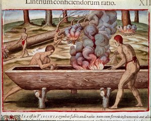 Geschichte Amerikas: „Indianer bauen Boote“ Gravur aus „Admirante Narratio Americae“ von Theodore de Bry (1528-1598) von Theodore de Bry