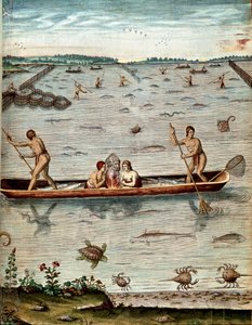 Fischen unter den Einwohnern von Virginia. Im Wasser Schildkröten, Krabben und verschiedene Fischarten. Gravur aus „Admirante Narratio Americae“ von Theodore de Bry (1528-1598)
