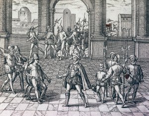 Inka-Kaiser Atahualpa wird von Spaniern in Cajamarca, Peru, gefangen genommen, Stich aus American History von Theodore de Bry, Frankfurt von Theodore de Bry