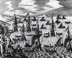 Inseln der Diebe (Islas de los Ladrones, heute Marianeninseln), Gravur aus Peregrinationes von Theodor de Bry, 16. Jahrhundert von Theodore de Bry