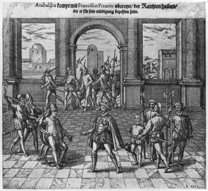 König Atahualpa (ca. 1502-33) verhandelt sein Lösegeld mit Francisco Pizarro, 1533 (Gravur) (sw Foto)