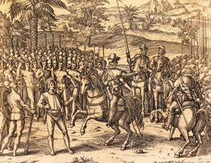 Pizarro wird von den Einheimischen begrüßt von Theodore de Bry