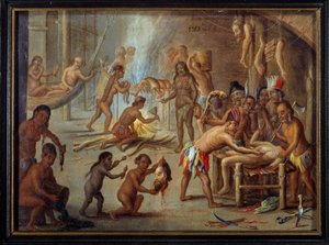 Szene des Kannibalismus in Brasilien im Jahr 1644 von Theodore de Bry