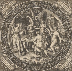 Szene mit einem Liebesfest in einem Kreis in der Mitte, 1580-1600