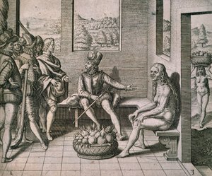 Spanische Eroberer treffen einheimische Frauen in Amerika von Theodore de Bry