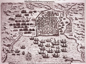 Die Flotte von Francis Drake besetzt die Insel Santo Domingo (Gravur) von Theodore de Bry