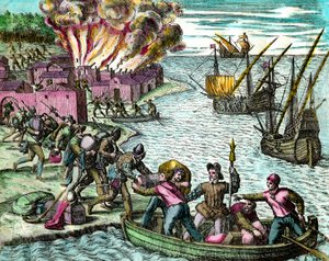 Die Franzosen plündern und verbrennen die Stadt Chioreran. Gravur aus Geschichte Amerikas von Theodore de Bry. 16. Jahrhundert. Private Sammlung von Theodore de Bry