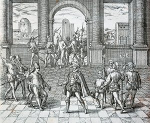 Der Inka-König Atahualpa wird von Spaniern in Cajamarca gefangen genommen, Illustration aus der amerikanischen Geschichte von Theodore de Bry