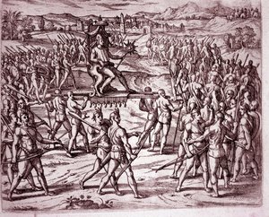 Der Inka-König Atahualpa (oder Atabaliba), der ein Zepter in Form einer Sonne hält, wird auf einer Sänfte getragen, um Francisco Pizarro zu treffen (Gravur) von Theodore de Bry