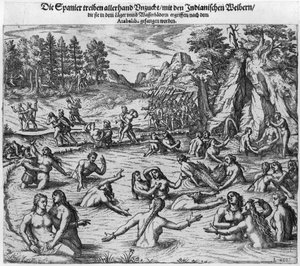 Die Spanier misshandeln die Indianerinnen nach der Gefangennahme von König Atahualpa (ca. 1502-33) im Jahr 1532 von Theodore de Bry