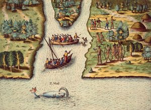 Die Ankunft der Franzosen, Gravur von Theodore de Bry (1528-1598), aus The Discourse of Florida