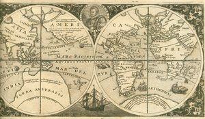 Titelseite von Americae Pars VIII mit einem Porträt von Francis Drake und seinem Schiff, der Golden Hind