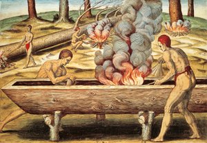 Virginia-Eingeborene bauen eine Piroge von Theodore de Bry