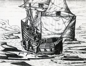 Schiff von William Barents während der dritten niederländischen Expedition auf der Suche nach der Nordostpassage, von Theodor de Bry, Stich