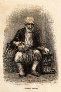 Ein reisender Kaffeehändler (Cafedji) im Basar von Trapezunt (heutiges Trabzon, an der Schwarzmeerküste), Gravur nach einer Zeichnung des Erzählers, zur Illustration einer Reise nach Lazistan und Armenien, 1869, von Theophile Deyrolle, veröffentlicht in „L von Theophile Louis Deyrolle