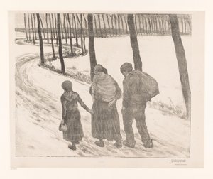 Mann und Frau mit zwei Kindern gehen über einen Landweg von Théo van Rysselberghe