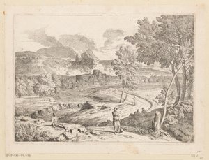 Arkadische Landschaft mit Figuren entlang eines Pfades an einem Strom von Théodore